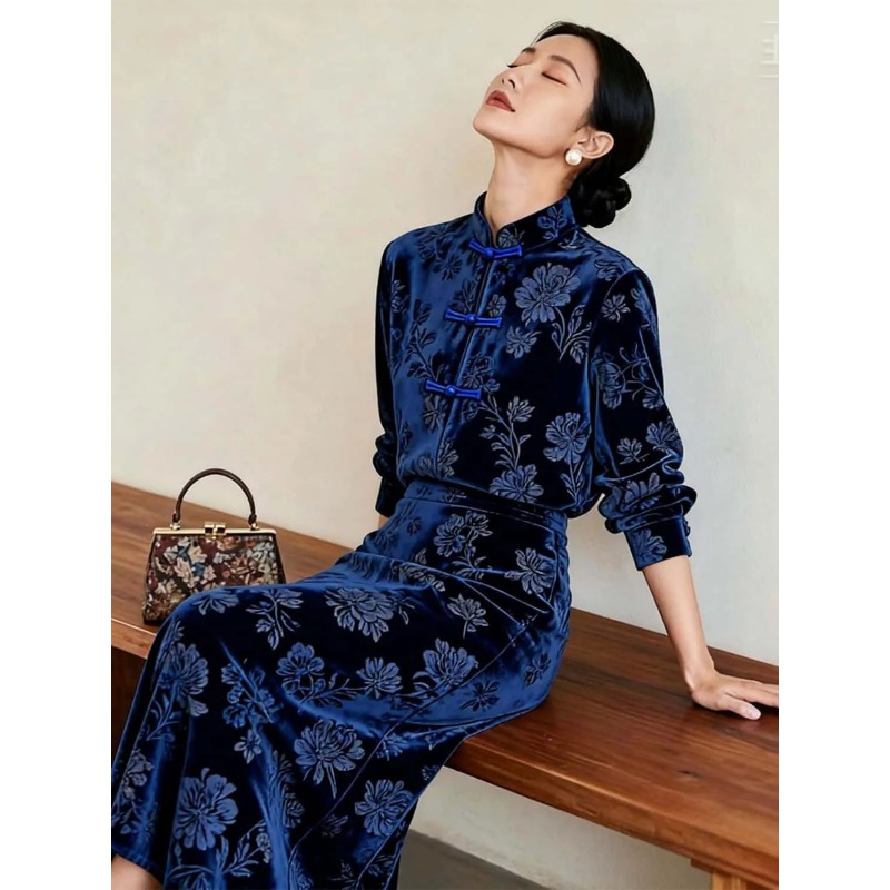Midi Skirt Floral - Kadınlar Yeni Çin Tarzı Kadife Çiçek