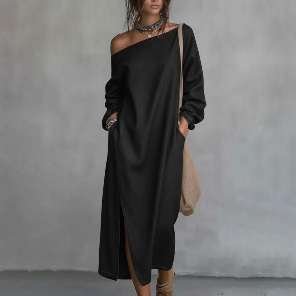 Linen Dress Wrap - Kadın Tek Omuzlu Uzun Kollu Maksi